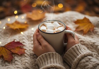 A person in a cozy knitted sweater holding a warm mug of hot chocolate with marshmallows against a background of autumn leaves and bokeh lights