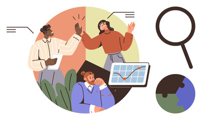 Diverse team collaborating with a high-five celebration, growth chart, magnifying glass, and globe. Ideal for teamwork, success, collaboration, global strategy, analysis productivity and progress