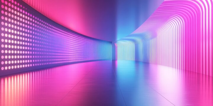 A futuristic hallway with curved walls and arches illuminated by pink and blue neon. Ideal for websites or blogs about technology, gaming, synthwave, or virtual reality.


