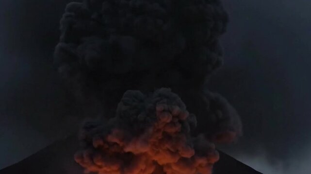 Dramatic volcanic eruption sending ash and lava high in the air during night with environmental disaster implications