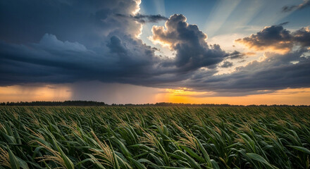 Golden sunset over a cornfield with dramatic clouds and sun rays, creating a picturesque scene of natures beauty and the tranquility of rural life