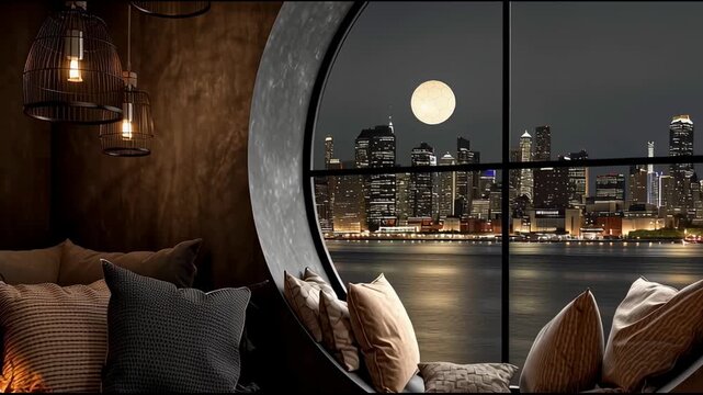 A warm candle-lit circular window nook with books and pillows overlooks a glowing nighttime city skyline