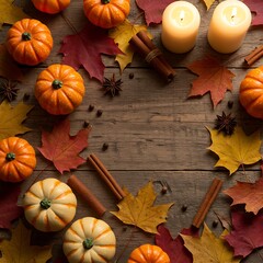 Cozy Autumn Scene Pumpkins, Fall Leaves, and Lit Candles on Rustic Wood Surface