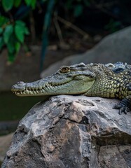 Obraz premium Side profile of a crocodile resting on a rock