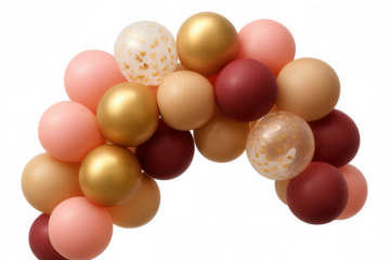 Balloon garland arch with gold, pink, burgundy, and beige balloons celebrating parties and events