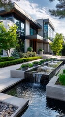 Serene modern home with water features and lush landscaping in a peaceful suburban neighborhood