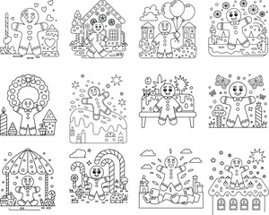 Gingerbread Man and Christmas Themed Outline Illustrations with Candy Houses and Wreaths vector illustration
