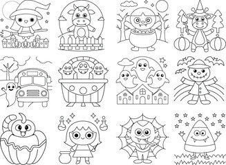 Cute Halloween Coloring Pages with Cartoon Monsters and Characters witch vampire