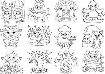 Adorable Halloween characters and spooky elements in a charming outline style mummy monster