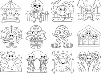 Spooky Halloween Outline Illustrations with Skeletons Mummies Spiders and Ghosts mummy