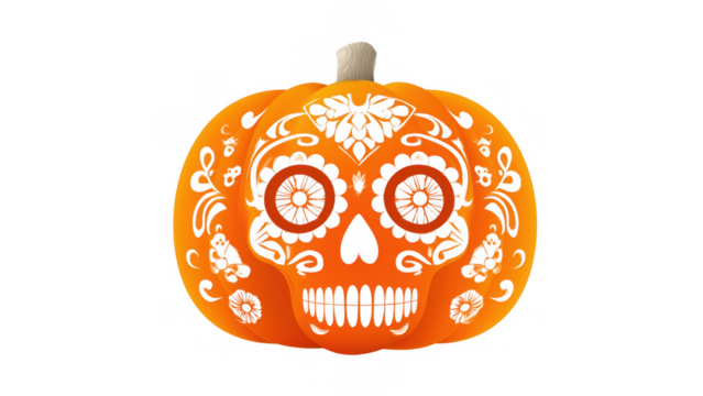 Pumpkin features Day of the Dead skull art, created with AI
