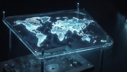Futuristic Glowing World Map on a Transparent Digital Screen.