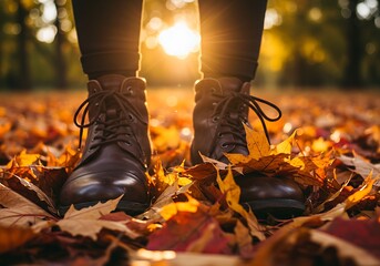 Brown leather boots gently tread a vibrant carpet of sun-drenched golden and russet autumn leaves, capturing the crisp essence and tranquil beauty of the fall season