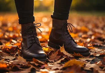 A person wearing dark brown lace-up leather boots stands on a carpet of vibrant yellow and orange fallen autumn leaves in a park