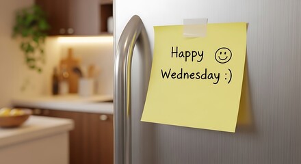 Yellow sticky note on refrigerator with happy wednesday message. Day concept.