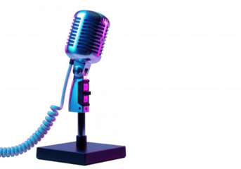 Vintage microphone illuminated neon isolated on a transparent background