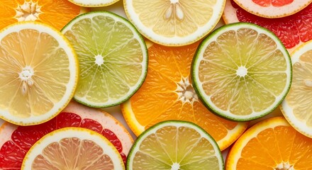 Fototapeta premium Close up of citrus fruit slices, orange, grapefruit, lemon, and lime.