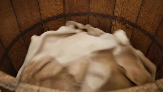 Animal Hide Texture in Wooden Vat Process with Neutral Tones and Organic Feel Process Industry Theme Close Up Shot of Animal Hide Placed Inside Rustic Wooden Vat with Natural Lighting