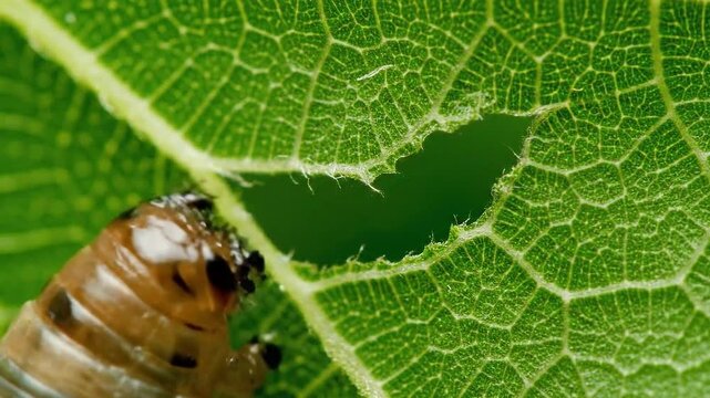 Detailed Macro View of a Yellow Caterpillar Eating a Vibrant Green Leaf with Visible Veins and a Bite Mark Revealing the Green Background in Bright Daylight Showing Texture and Anatomy