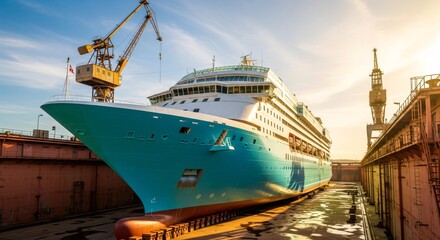 Cruise ship in dry dock for maintenance and repair at shipyard.