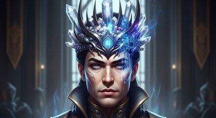 Man in crystal crown with ai circuit design. Futuristic technology concept.