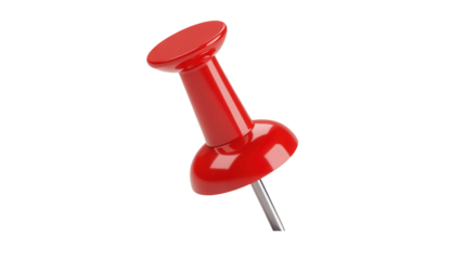 A bright red thumbtack with a white cross pattern on its head isolated on a stark black background