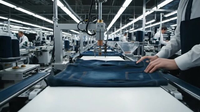 Automated Denim Jeans Riveting Machine Process in Brightly Lit Garment Factory with Conveyor Belt System Automated Manufacturing of Textile Apparel Production