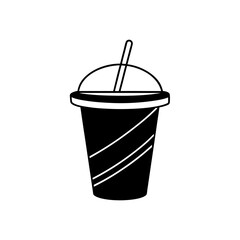 Illustration of a black and white drink cup with a straw and a domed lid