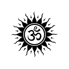 A black and white illustration of the om symbol surrounded by sun rays design