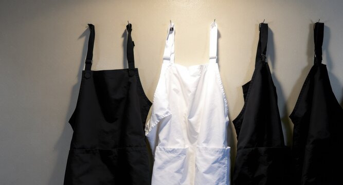 Aprons hanging on a wall, two black and one white, minimalist