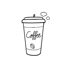 Illustration of a coffee cup with steam and a bean drawing on the container