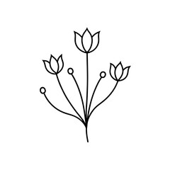 Illustration of three stylized flowers with stems and small circular buds