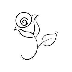 Elegant single line drawing of a rose with a swirl center and one leaf art