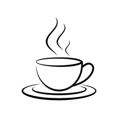 Illustration of a steaming cup of coffee on a saucer with simple line art