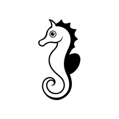Illustration of a black and white seahorse with a curled tail and spiky mane