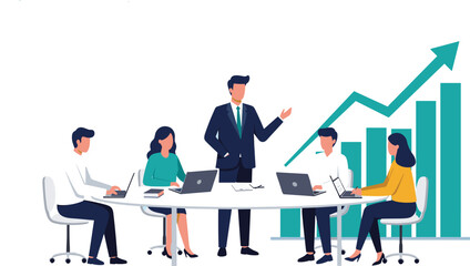 Team meeting, business collaboration, office planning, data analysis, growth chart, leadership strategy, teamwork success, productivity