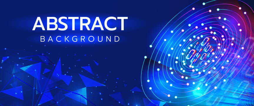 Futuristic digital abstract background featuring glowing circle data rings, polygonal shapes and blue and purple neon light effects. Perfect for web banners, presentations and technology themed layout