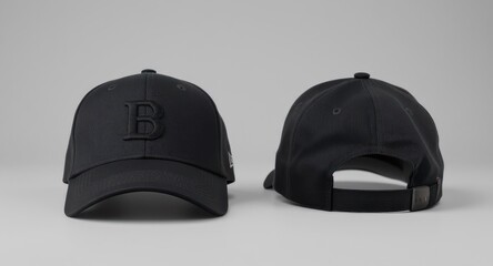 Black cap front view with raised 'B', back view with adjustable strap
