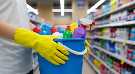 Woman carries cleaning supplies in a bucket at a supermarket aisle.