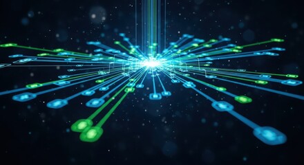 Abstract burst of glowing digital energy radiating outwards representing technological innovation and connectivity with bright neon lights and data flow