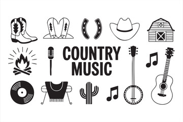 Western music icon set with barn banjo and campfire vector