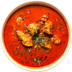 Chicken curry dish in white bowl with transparent background