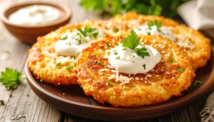 Savory Potato Pancakes with Sour Cream Garnish