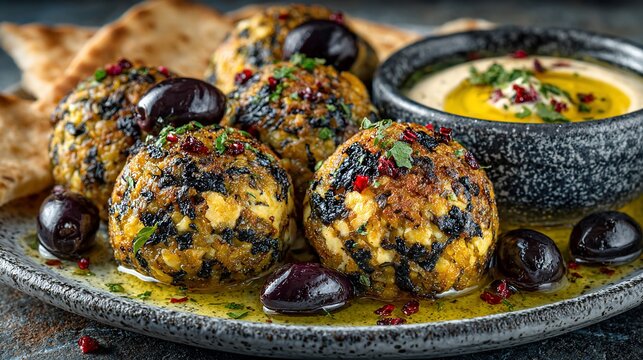 Delicious and appetizing view of keftedakia with olives and hummus, perfect for mediterranean