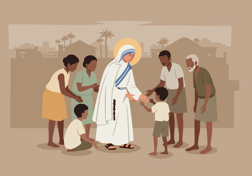 Saint Mother Teresa of Calcutta Helping Poor Children and People.