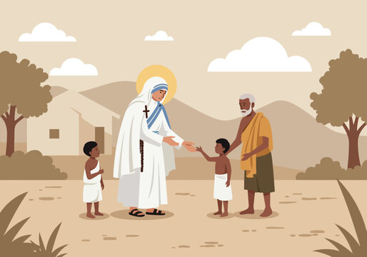 Mother Teresa helping poor children and an old man.