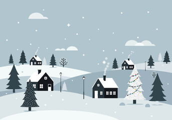 Charming Winter Village Scene with Cozy Houses and Snowy Trees.