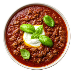 Delicious chili con carne bowl with herbs and cream