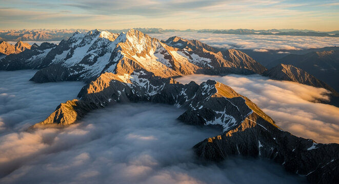 Aerial view of the rugged alps mountains covered in snow, illuminated by the warm light of the rising sun, with a sea of clouds in the valley below