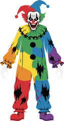 Creepy clown illustration, sinister jester artwork, scary joker costume, horror carnival character, spooky Halloween clown, evil circus figure, eerie colorful design